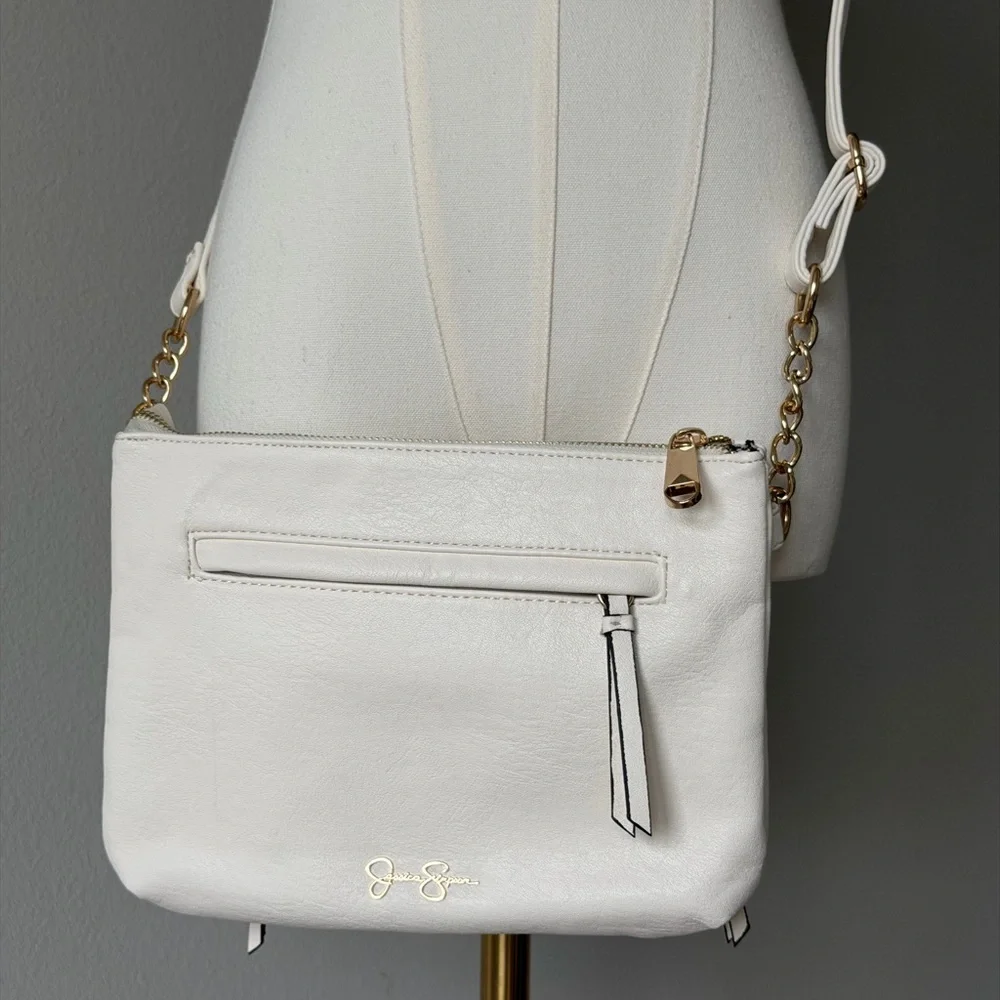 Jessica Simpson White Faux Leather Crossbody with Gold Chain Accents